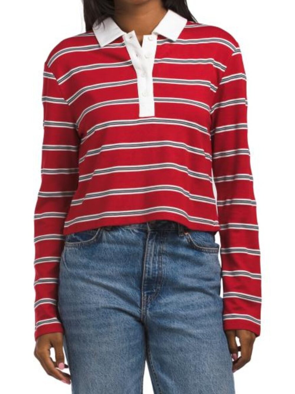 BAILEY 44 Long Sleeve Cropped Rugby Striped Polo With Contrast Collar